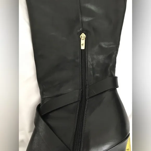 EUC Marc Fisher black platform stiletto knee high leather boots with gold accent