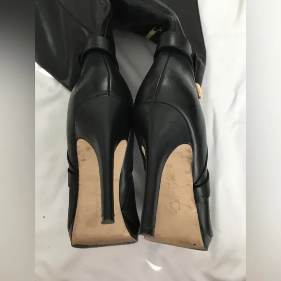 EUC Marc Fisher black platform stiletto knee high leather boots with gold accent