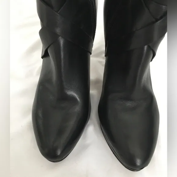 EUC Marc Fisher black platform stiletto knee high leather boots with gold accent