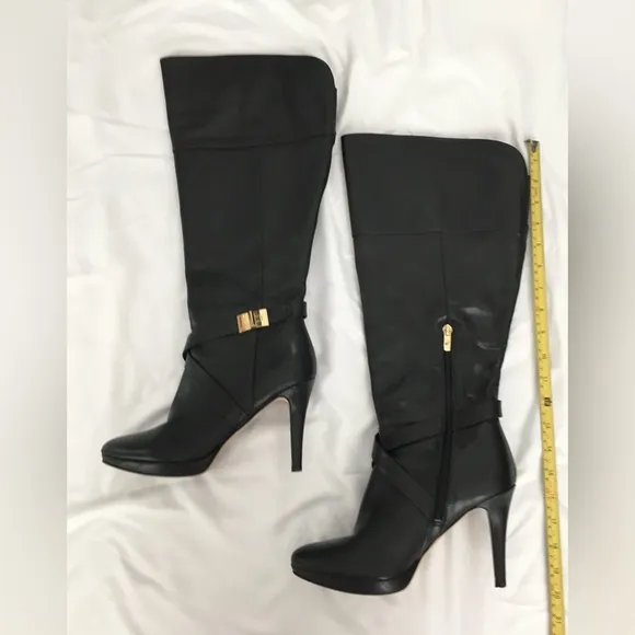 EUC Marc Fisher black platform stiletto knee high leather boots with gold accent
