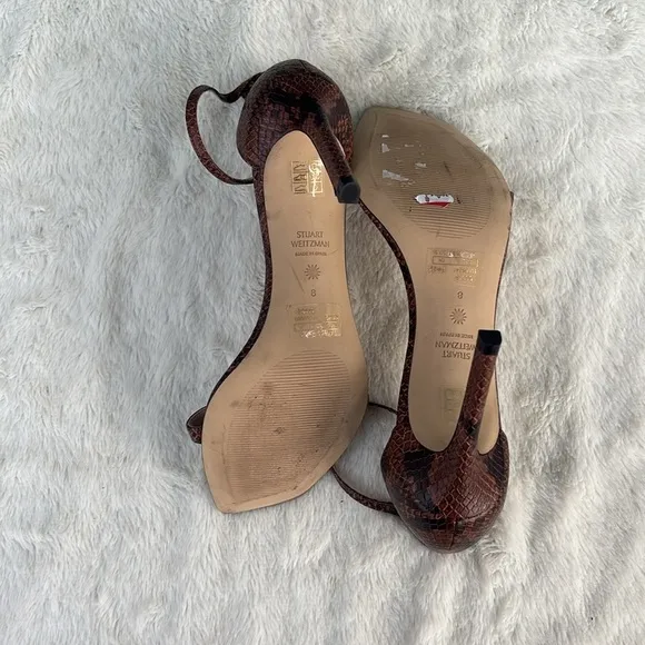 EUC STUART WEITZMAN Amelina Snake Print Leather Sandal Women Size 8 Stiletto