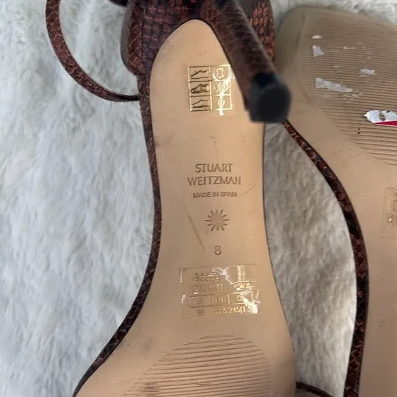 EUC STUART WEITZMAN Amelina Snake Print Leather Sandal Women Size 8 Stiletto