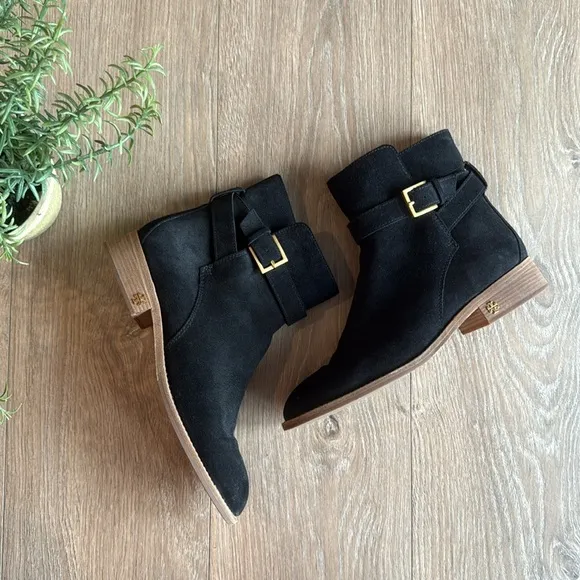 EUC TORY BURCH GENUINE SUEDE BROOKE ANKLE BOOTS BLACK SIZE 10 NEARLY NEW