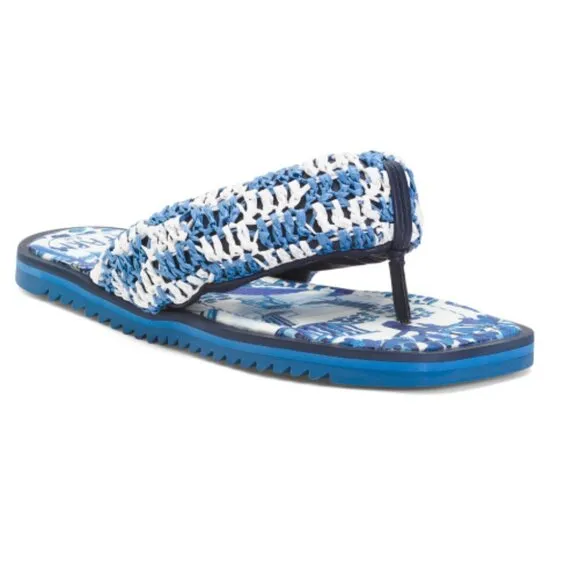 FARM Rio Brazil Blue Raffia Puffy Flip Flops Thong Sandals Shoes 38 7 HOST PICK