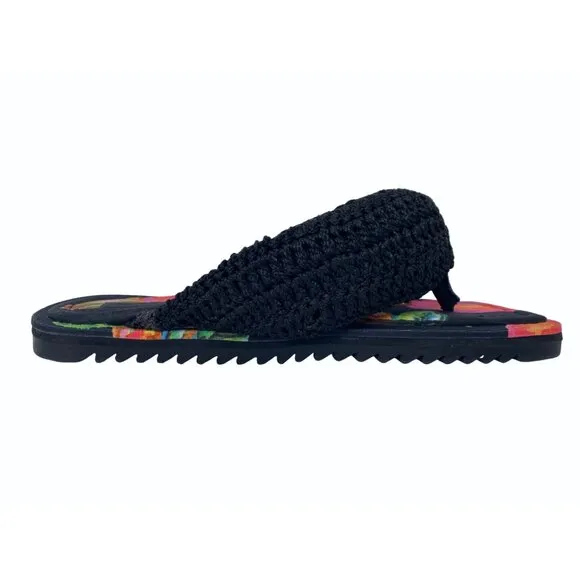 Farm Rio Cashew Crochet Puffy Black Pink Orange Flower Flip Flops Size 8