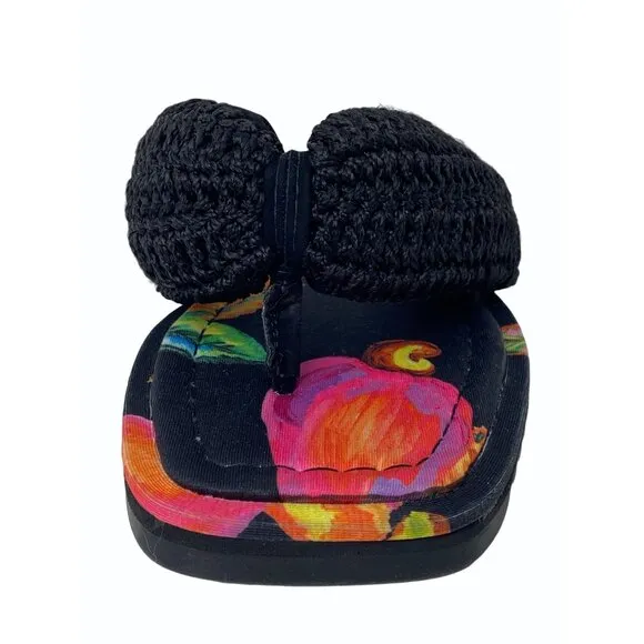 Farm Rio Cashew Crochet Puffy Black Pink Orange Flower Flip Flops Size 8