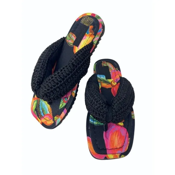 Farm Rio Cashew Crochet Puffy Black Pink Orange Flower Flip Flops Size 8