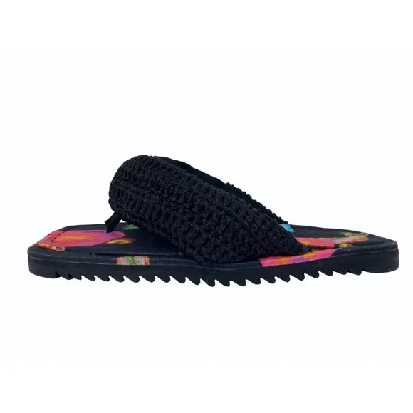 Farm Rio Cashew Crochet Puffy Black Pink Orange Flower Flip Flops Size 8