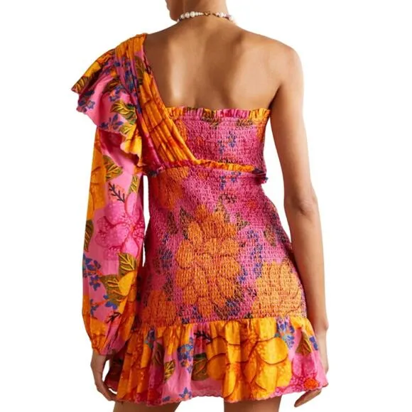 FARM Rio Flowers Garden Smocked Mini Dress One Shoulder Pink Floral Women's L