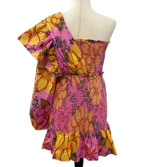 FARM Rio Flowers Garden Smocked Mini Dress One Shoulder Pink Floral Women's L