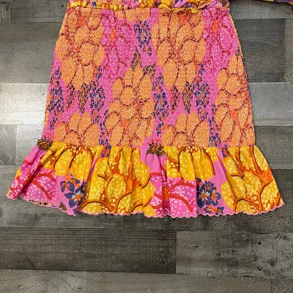 FARM Rio Flowers Garden Smocked Mini Dress One Shoulder Pink Floral Women's L