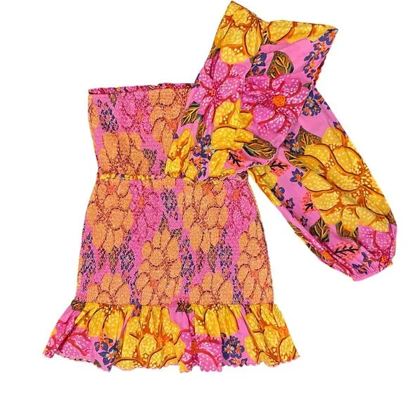 FARM Rio Flowers Garden Smocked Mini Dress One Shoulder Pink Floral Women's L