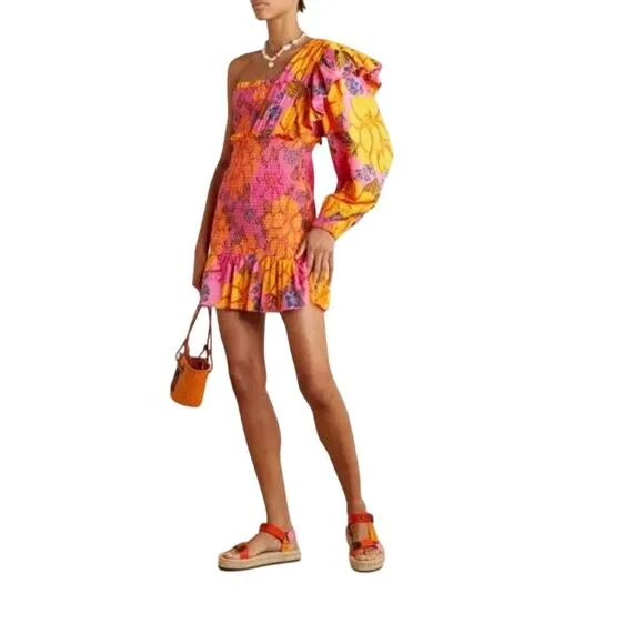 FARM Rio Flowers Garden Smocked Mini Dress One Shoulder Pink Floral Women's L
