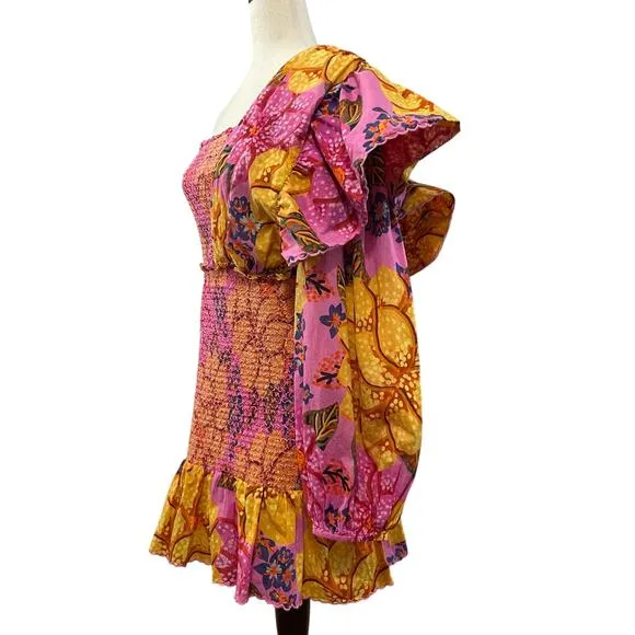 FARM Rio Flowers Garden Smocked Mini Dress One Shoulder Pink Floral Women's L