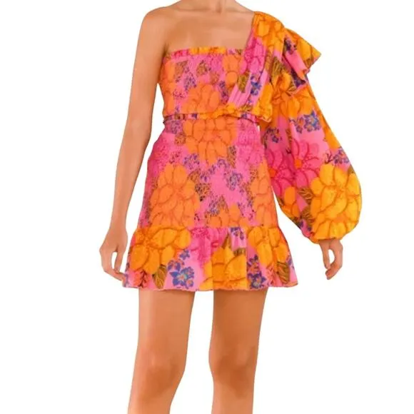 FARM Rio Flowers Garden Smocked Mini Dress One Shoulder Pink Floral Women's L