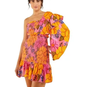 FARM Rio Flowers Garden Smocked Mini Dress One Shoulder Pink Floral Women's L