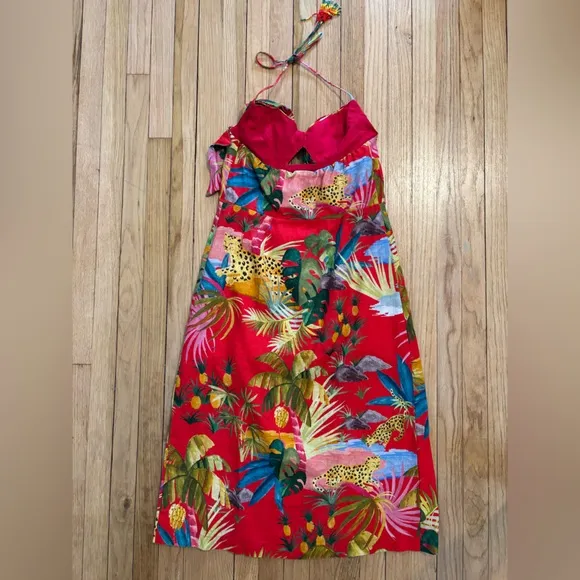 FARM RIO Tropical Jungle Bow Midi Dress Linen Red Floral Size Large