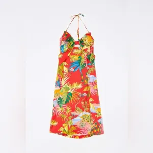 FARM RIO Tropical Jungle Bow Midi Dress Linen Red Floral Size Large