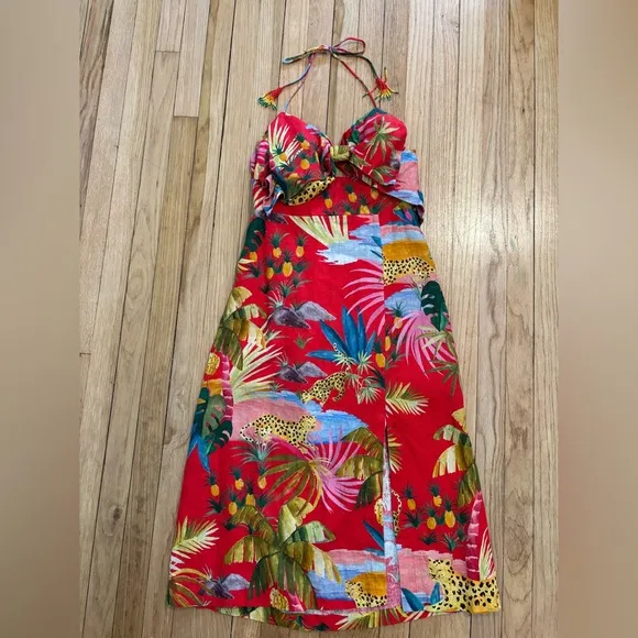 FARM RIO Tropical Jungle Bow Midi Dress Linen Red Floral Size Large
