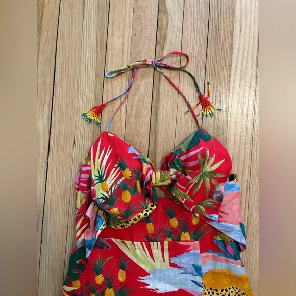 FARM RIO Tropical Jungle Bow Midi Dress Linen Red Floral Size Large