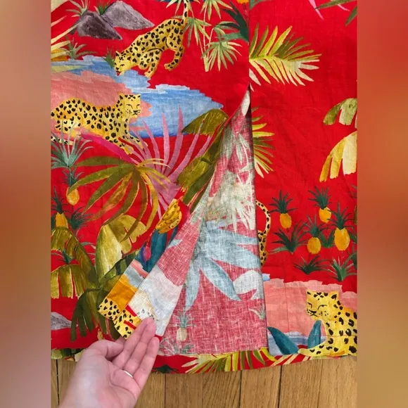 FARM RIO Tropical Jungle Bow Midi Dress Linen Red Floral Size Large