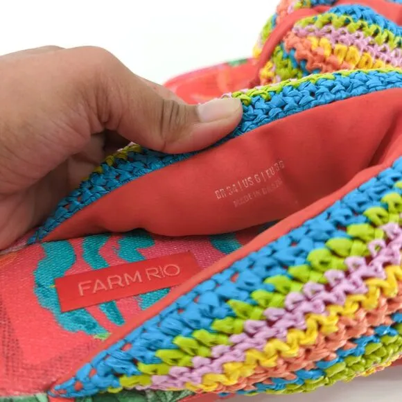 FARM RIO Women 6 Toucans Crochet Puffly Flip Flop Orange Pink Rainbow Sandals