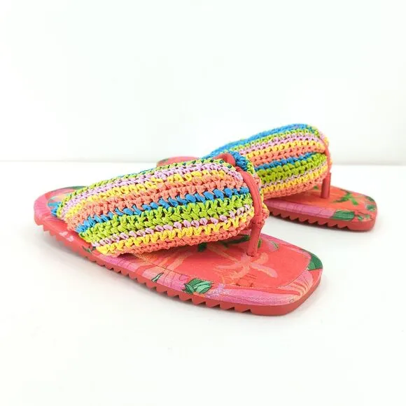 FARM RIO Women 6 Toucans Crochet Puffly Flip Flop Orange Pink Rainbow Sandals