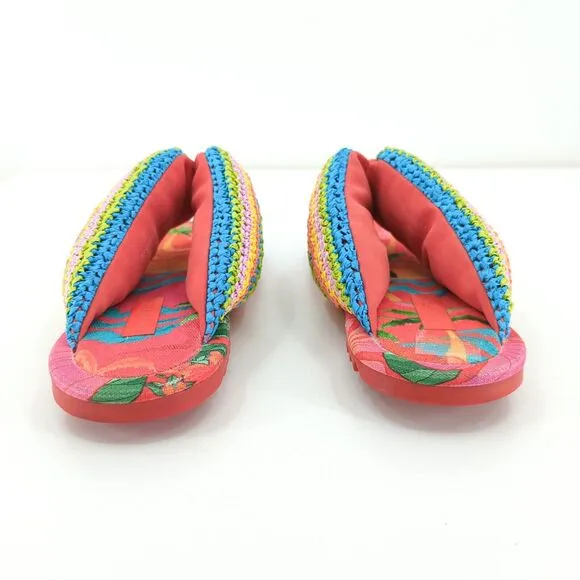 FARM RIO Women 6 Toucans Crochet Puffly Flip Flop Orange Pink Rainbow Sandals