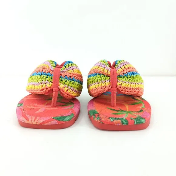 FARM RIO Women 6 Toucans Crochet Puffly Flip Flop Orange Pink Rainbow Sandals