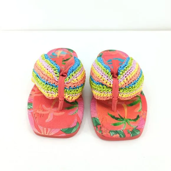 FARM RIO Women 6 Toucans Crochet Puffly Flip Flop Orange Pink Rainbow Sandals