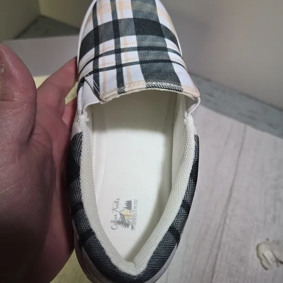 Farmers Almanac Check Cabin Kicks Shoes Slide On Canvas SIZE 5 Green/Tan Plaid