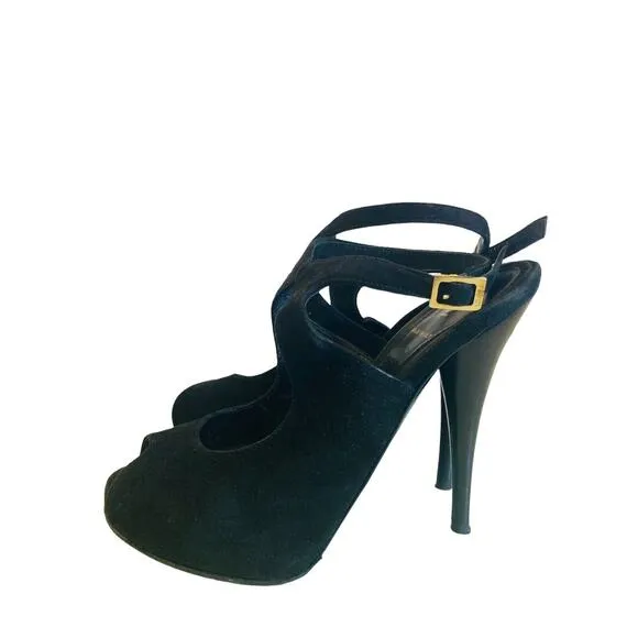 FENDI Black Suede Sandals Peep Toe Pumps Heels Size 35 US 5