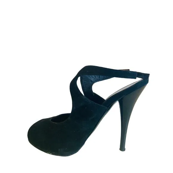 FENDI Black Suede Sandals Peep Toe Pumps Heels Size 35 US 5