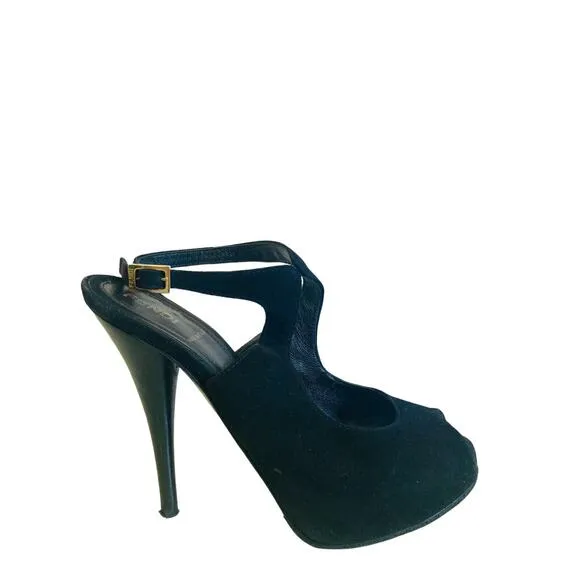FENDI Black Suede Sandals Peep Toe Pumps Heels Size 35 US 5