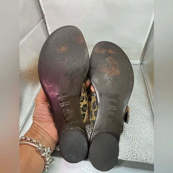 FENDI Leopard Print‎ Canvas Sandals Flip Flops, size 37.5