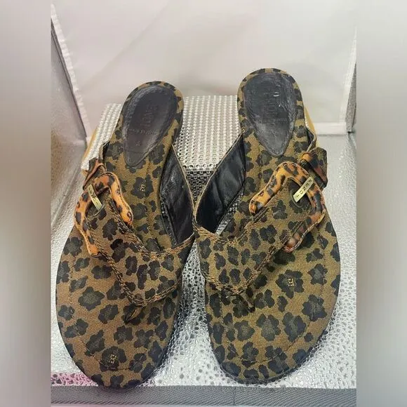 FENDI Leopard Print‎ Canvas Sandals Flip Flops, size 37.5