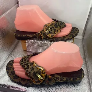 FENDI Leopard Print‎ Canvas Sandals Flip Flops, size 37.5