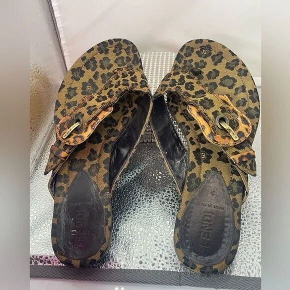 FENDI Leopard Print‎ Canvas Sandals Flip Flops, size 37.5