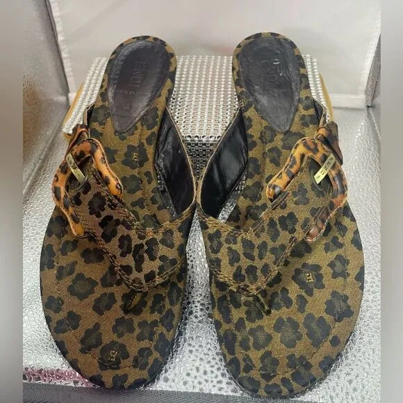 FENDI Leopard Print‎ Canvas Sandals Flip Flops, size 37.5