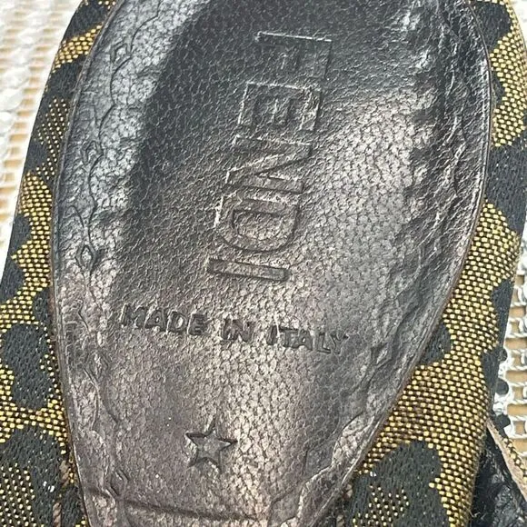 FENDI Leopard Print‎ Canvas Sandals Flip Flops, size 37.5