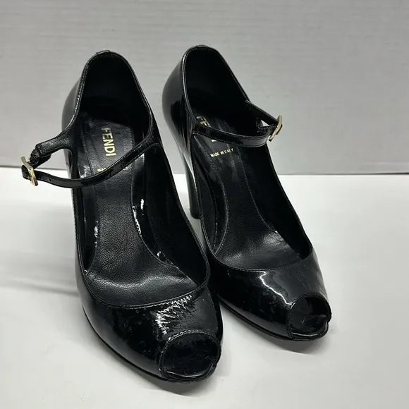 Fendi Wedges High Heel Shoes Shiny Patent Leather Peep Toe Black Size 38 US 8
