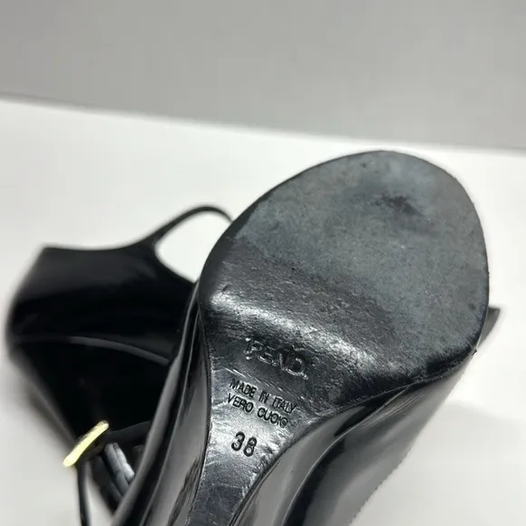 Fendi Wedges High Heel Shoes Shiny Patent Leather Peep Toe Black Size 38 US 8
