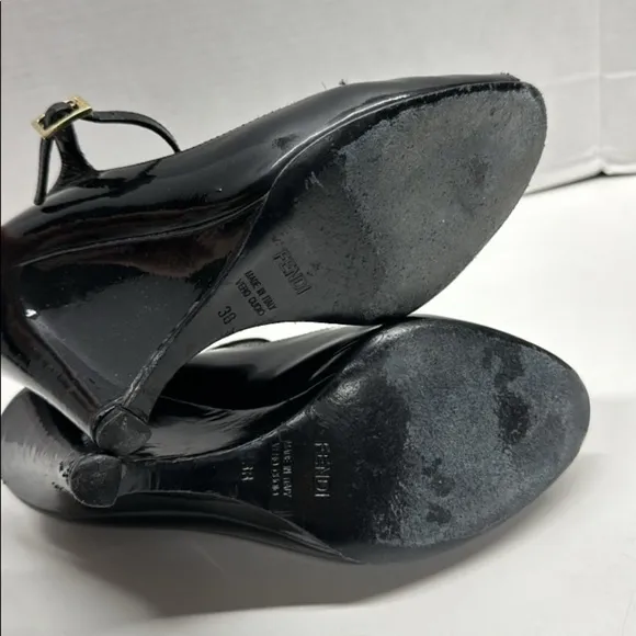 Fendi Wedges High Heel Shoes Shiny Patent Leather Peep Toe Black Size 38 US 8