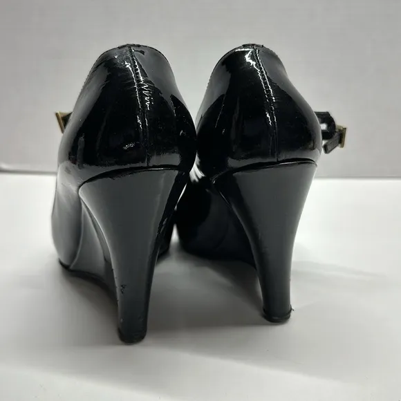 Fendi Wedges High Heel Shoes Shiny Patent Leather Peep Toe Black Size 38 US 8