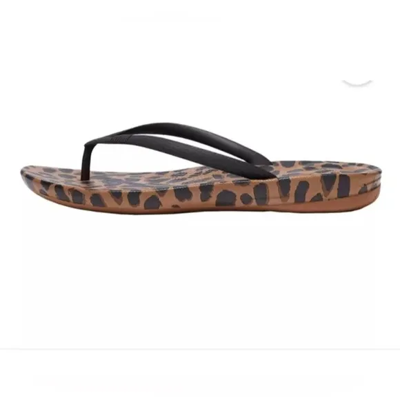 FITFLOP IQUSHION Size 8 Brown Black Leopard Ergonomic Flip Flop Sandals