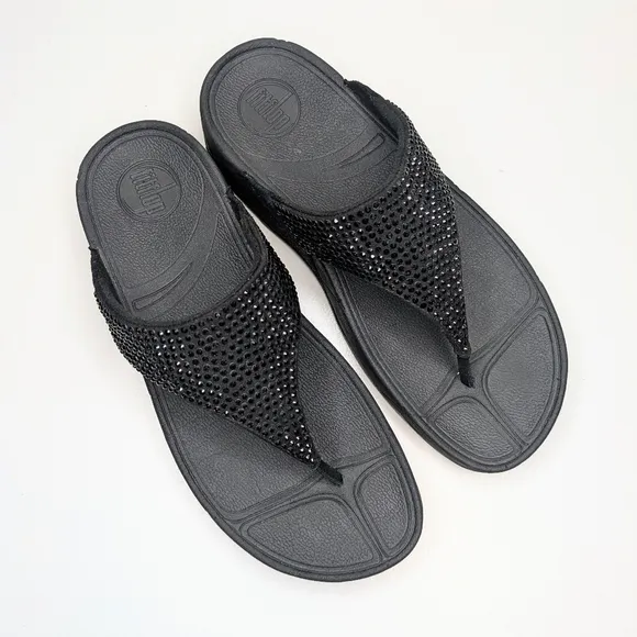 Fitflop LULU Crystal black toe post sandals black flip flops toe thong size 8