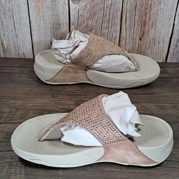 Fitflop LuLu Leather Thong Flip Flop Rose Gold Silver Studded Sandals Women's 8
