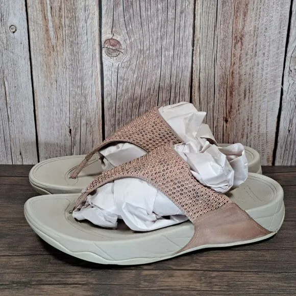 Fitflop LuLu Leather Thong Flip Flop Rose Gold Silver Studded Sandals Women's 8