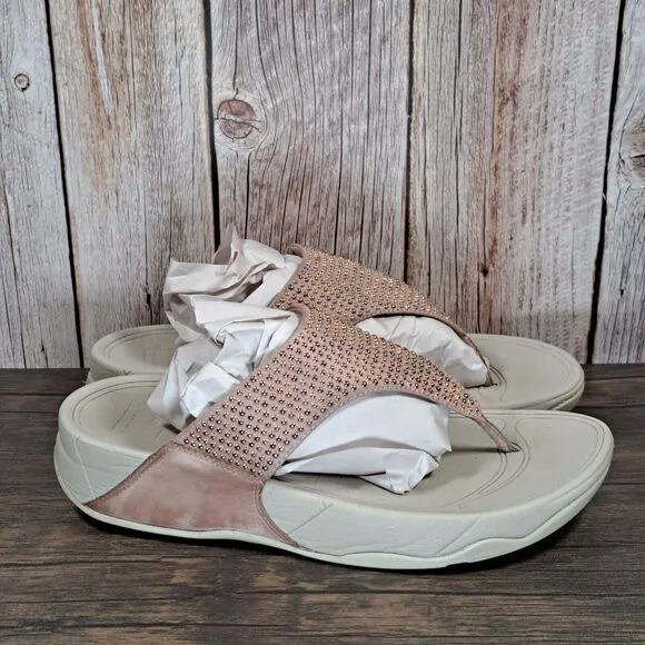 Fitflop LuLu Leather Thong Flip Flop Rose Gold Silver Studded Sandals Women's 8
