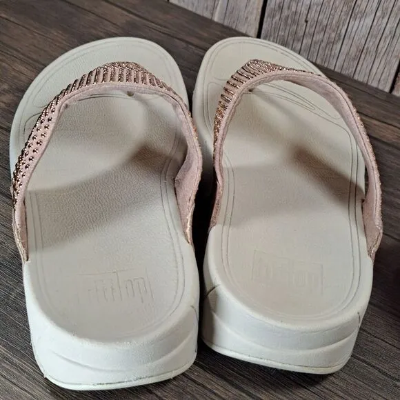 Fitflop LuLu Leather Thong Flip Flop Rose Gold Silver Studded Sandals Women's 8